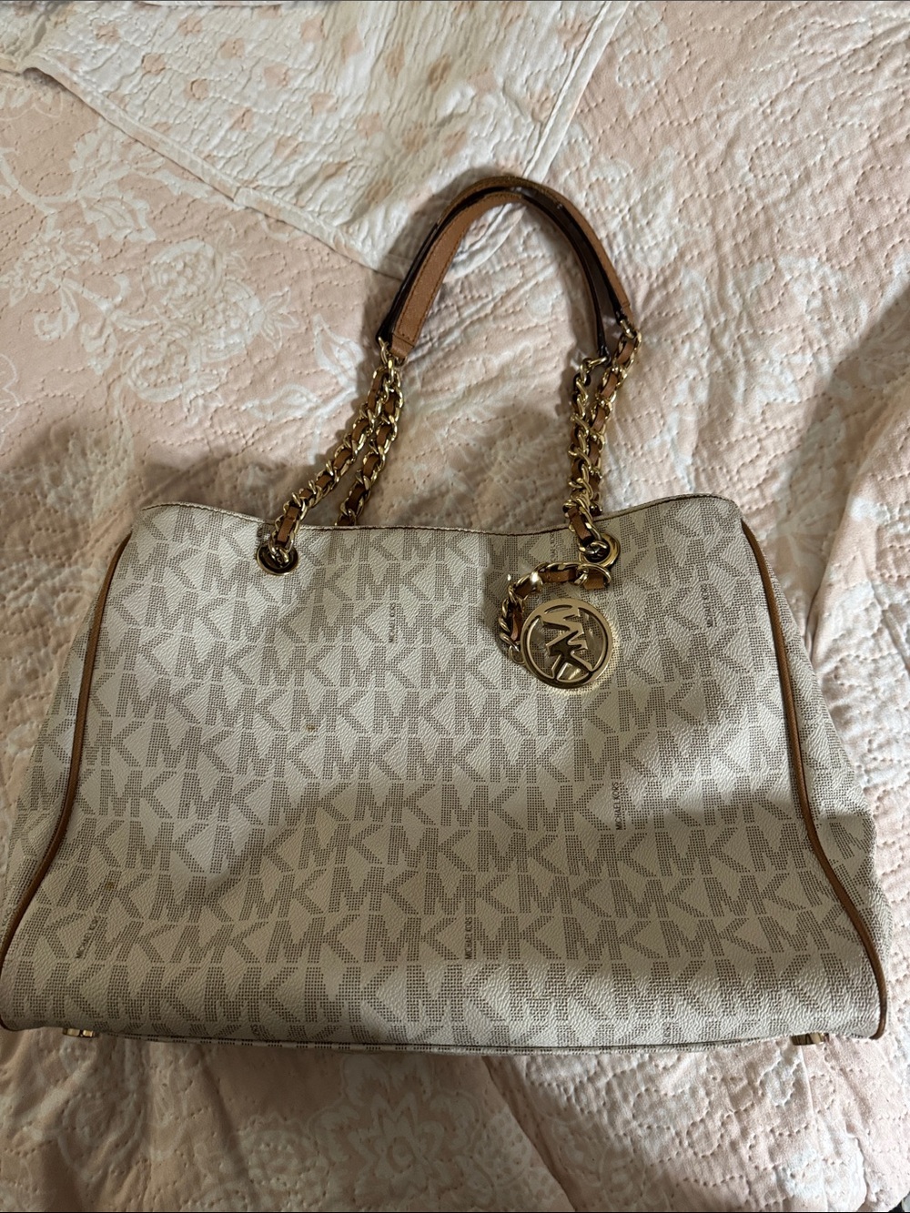 Michael Kors Beige Logo Chain-Handle Shoulder Tote